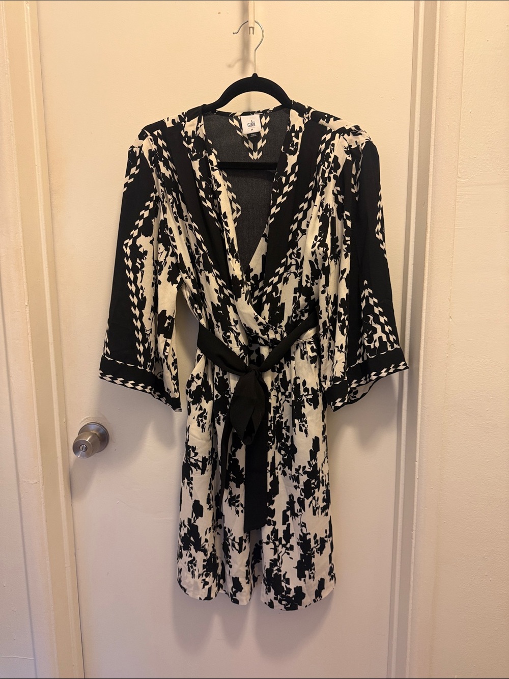 CAbi Black and White Printed Wrap Robe with Belt